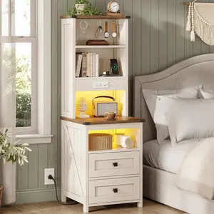 Sikaic Tall Nightstand with Charging Station and Bookshelf White Farmhouse Bedside End Side Table with Led, 2 Drawers, 6 Hooks and Storage Shelves for Bedroom