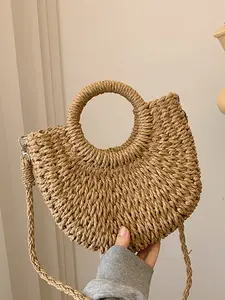 Artistic style shell shaped grass woven bag, round handheld with drawstring drawstring design, detachable crossbody strap, multiple carrying method, casual vacation style, fashionable and simple style crossbody bag, Casual Trendy Bag