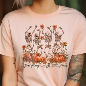 Fall Skeleton Tees Fall Breeze and Autumn Leaves Tshirts Dancing Skeleton Tees Fall Pumpkin Skull T-Shirts
