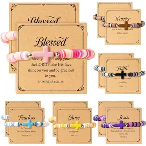 Faith Bracelets Bulk - 12 count Easter Spring  Christian Religious Polymer Clay Beaded Wristbands with  Verse Card, Inspirational Elastic  Gifts for Women