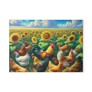 Chicken in Sunflowers - Glass Cutting Board