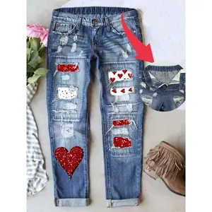 Women's Valentine's Day Heart Distressed Mid-Waist Boyfriend Fit Washed Loose Denim Jeans Elastic Waistband Breathable Comfort Fabric All Seasons WearRAIMENTRY