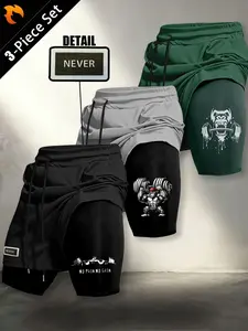 Fitness Theme Two-Piece Sport Shorts, High Elastic Breathable Mesh Fabric, Men's Strength Training Running Wear, American Style Short Pants Set