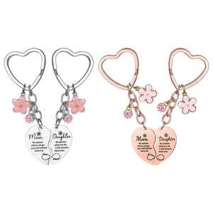 2PCS Matching Mom Daughter Keychain Set Heart Puzzle Keyrings Stainless Steel Flower Pendant Family Gift for Birthday Anniversary Christmas