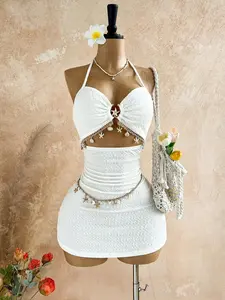 Women's Vacation Casual Elegant Two-Piece Set, Mesh Halter Top and Short Skirt, Metal Star Accessory, Beach, Wedding, City