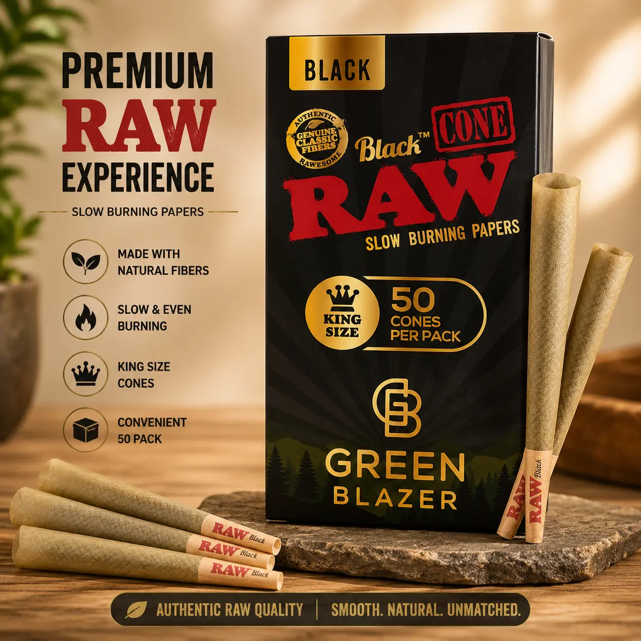 RAW Cones Black King Size: 50 Pack - Translucent, Extra Fine Pre Rolled Cones & Tips, Patented Slow Burn, All Natural RAWthentic, 109mm