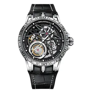 All Silver Brushed Stainless Steel Men’s Automatic Mechanical Watch, Full Hollow Five-Pointed Star Skeleton Dial, Central Open-Work Tourbillon Window, Knurled Racing Numbered Bezel with Rivet Studs,
