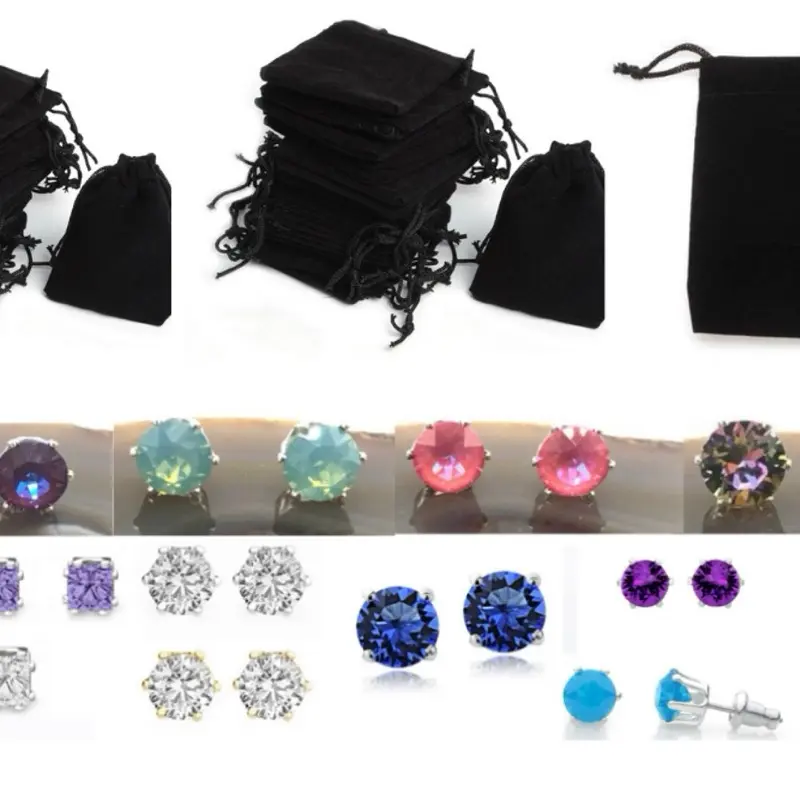 50 Stud Earrings in Each Pair in Black Velvet Pouch - Assorted Colors & Styles for Everyday Wear