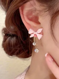Vintage Simple Pink Bowknot Stud Earrings with Rhinestone Accents and Tassel Detail,  Fashionable Jewelry for Women, Suitable for Daily and Party Occasions, High Quality Earrings