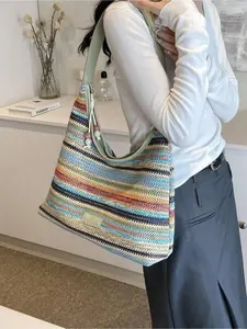 Women Fashion Casual Colorful Striped Straw Shoulder Bag Lightweight Large Capacity For Summer Beach Vacation Daily Use