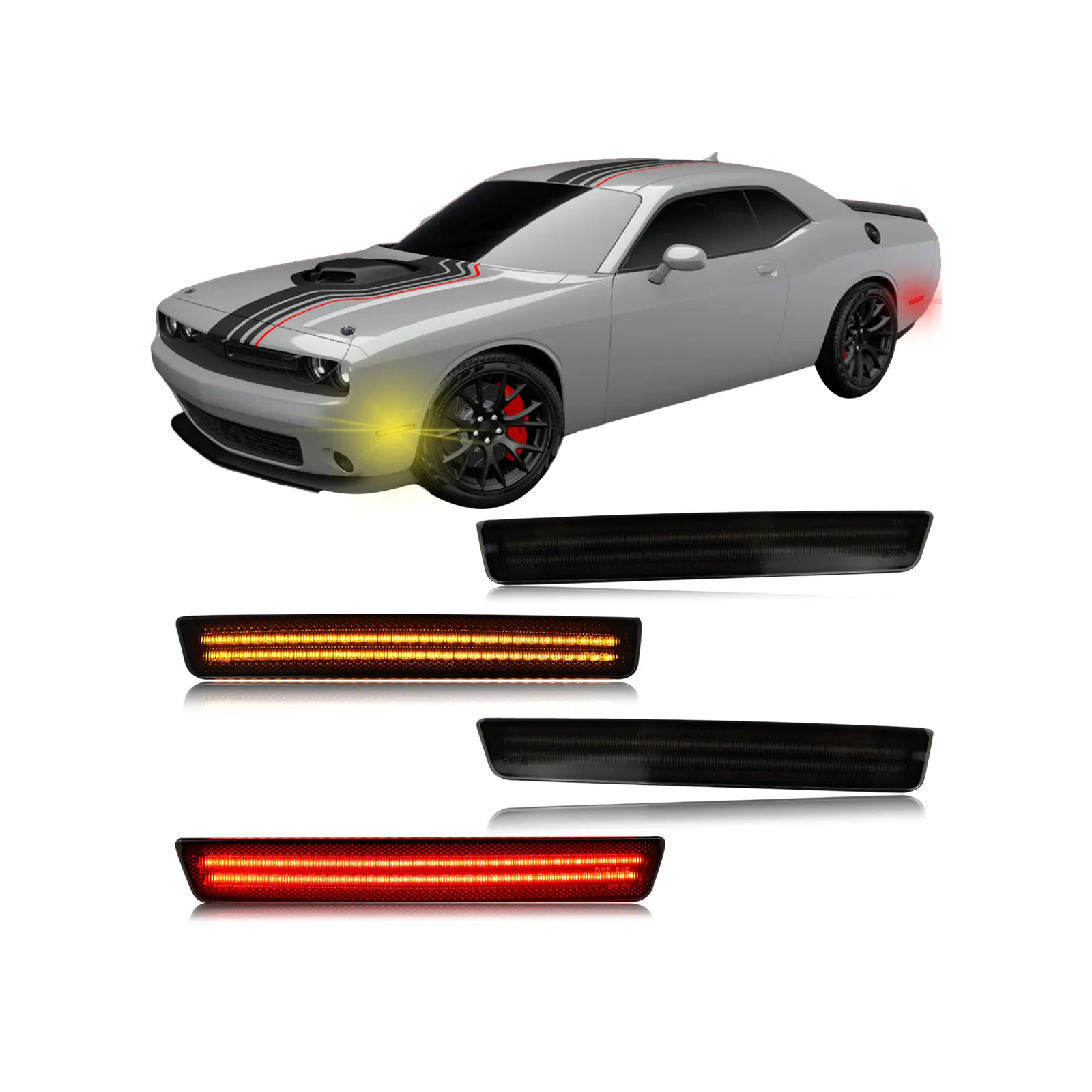 Smoked Lens LED Side Marker Lights | Compatible with 2015-2023 Dodge Challenger | Amber Front & Red Rear Turn Signals | 4-Piece Set