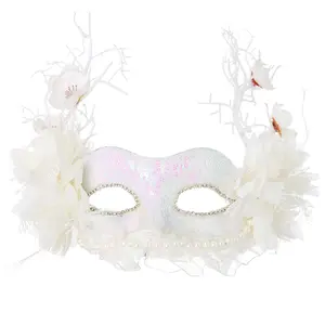 Zeelina White Masquerade Mask Lace Flower Masks Branch Mardi Gras Ball Accessories for Women