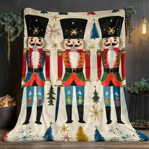 Festive Colorful Nutcracker Christmas Blanket with Charming Soldiers, Christmas Trees & Snowflakes Design