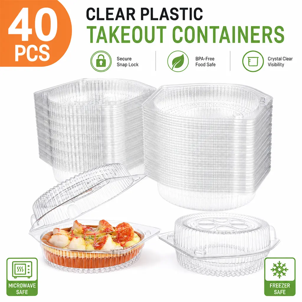 40-Pack 6" Transparent Plastic Pie Keeper Containers - Hinged Locking Lids, Disposable Round Clamshell, Strong Ribbed Sides, Leakproof, Space-Saving Stackable Design, Ideal for Daily Kitchenware/Bakeware Use, 40‑Pack For Daily