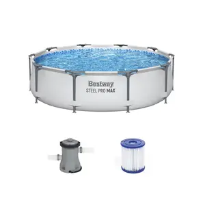 Bestway Steel Pro MAX 10 Feetx30 Inches Round Above Ground Outdoor Swimming Pool with Pump, Above-ground swimming pool for backyard or patio