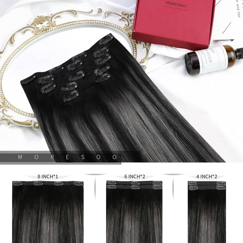 MORESOO Clip-in Hair Extensions Remy Human Hair Natural Straight 10-28inch Invisible Seamless Color Blend Easy Wear Black Hair Clip on for Women