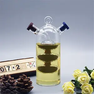 Olive Oil and Vinegar Dispenser Cruet Bottles, 2 in 1 Transparent Dual Glass for Kitchen Cooking Container Utensils Lid