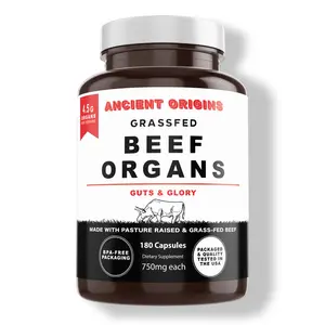 Ancient Origins Grass Fed Beef Organs Supplement 4500mg - Liver Heart Kidney Spleen Pancreas Bone Marrow 180 Capsules 750mg Each Paleo Gluten Free Multi Vitamin Healthcare Dietary Fitness Optimum