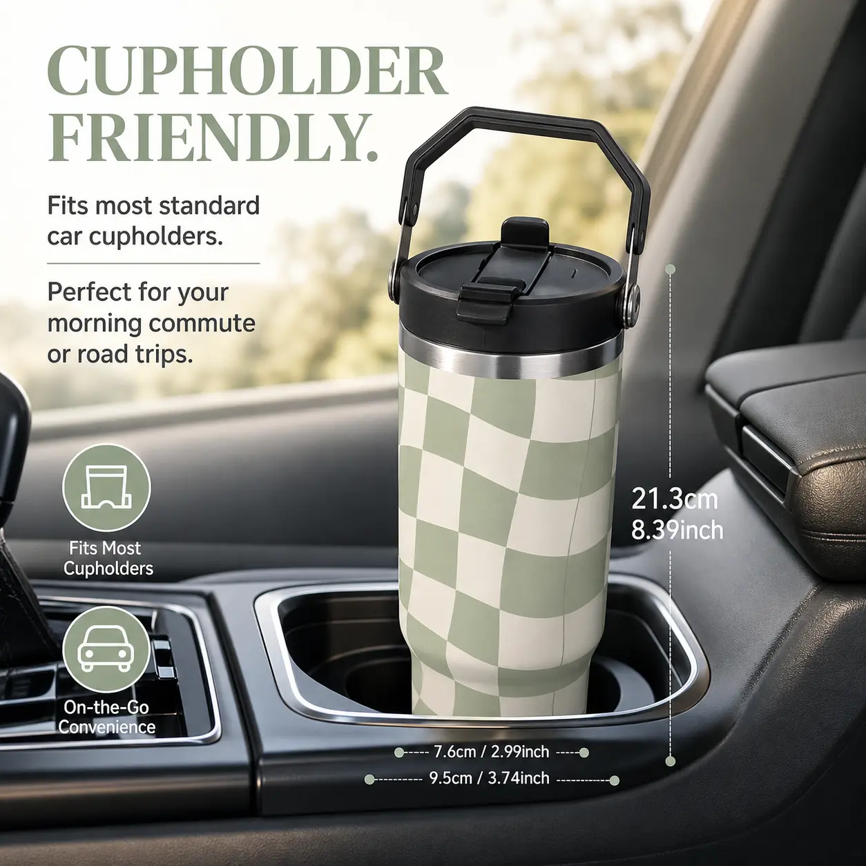 30 oz Sage Green Checkerboard Insulated Tumbler with Handle, Stainless Steel Travel Cup with Lid for Coffee, Water, Iced Drinks