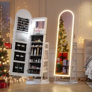 FREDEES LED Mirror Jewelry Cabinet Standing, Lockable Jewelry Armoire with Arched Full-Length Mirror and Adjustable LED Lights, Space-Saving Jewelry Organizer with Mirror Room Decor Bedroom