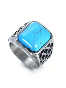 Men's Fashion Elegant Plaid Texture Turquoise Ring, Wedding Engagement Party Jewelry Gift, 1pcs Stylish Accessory