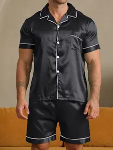 Men's Sleepwear Set Summer Short Sleeve Shorts Shirt Collar Pure Color Soft Home Clothing, 2 Piece Casual Loungewear