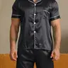 Men's Solid Color Sleepwear Set, Two-Piece Pjs, Casual Pajama Set, Short Sleeve Shirt & Shorts, Soft Homewear, Casual Loungewear