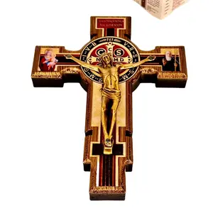 5.5x4 Inch Wooden Saint Benedict Crucifix with Golden Metal Christ and Medal of Exorcism - Made in Italy