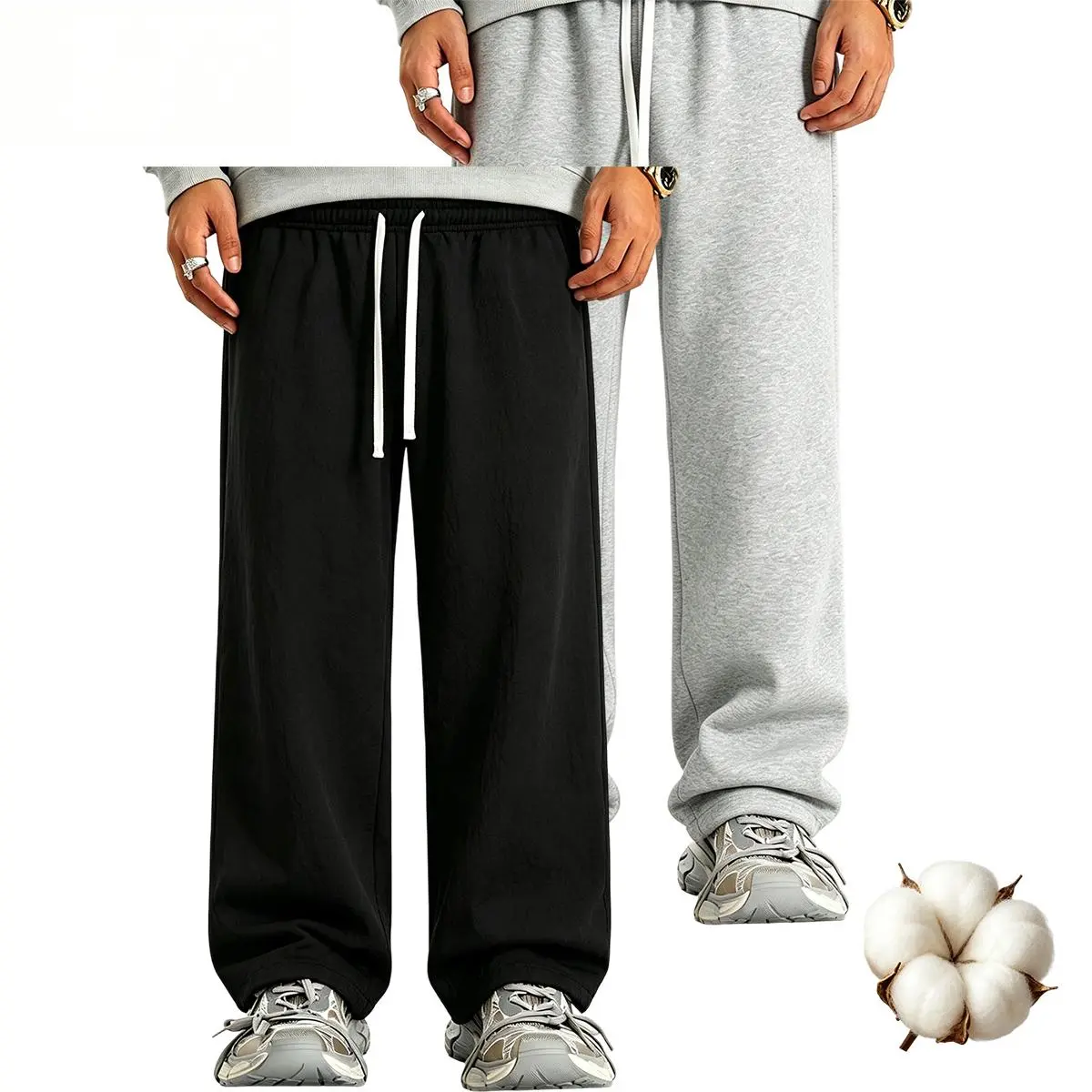 Men’s Loose 2-Piece Solid Color Sports Sweatpants, Comfortable Fabric, Suitable for Workouts, Outdoor Activities, All-Season Sports Bottoms, Men's Sweatpants, Sports Style