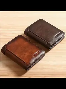 Men's Genuine Leather Business Style Bifold Leather Wallet RFID Blocking Ultra-Thin Top Layer Cowhide Short Multifunctional ID Credit Card Holder Christmas Gift