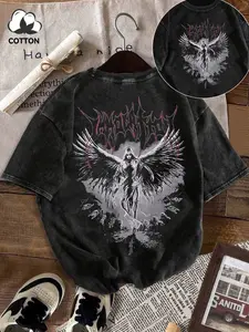 Men's Cotton Gothic Angel Print Short T-Shirt, Back Full Dark Angel Print, Loose Casual Fit, Vintage Wash, Durable Print, Streetwear