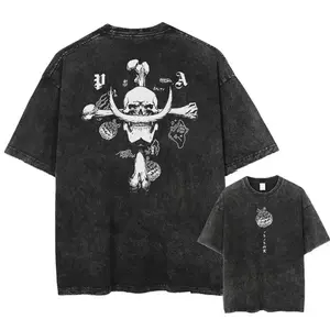 Anime One Piece Luffy Washed T-shirt Men Printed Cotton Tee Short Sleeve Tees Oversized Tops Fashion Streetwear Unisex