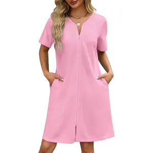 Women Zipper Robes Waffle Short Bathrobe Lightweight House Coat with Pockets Soft Nightgown S-3XLGift