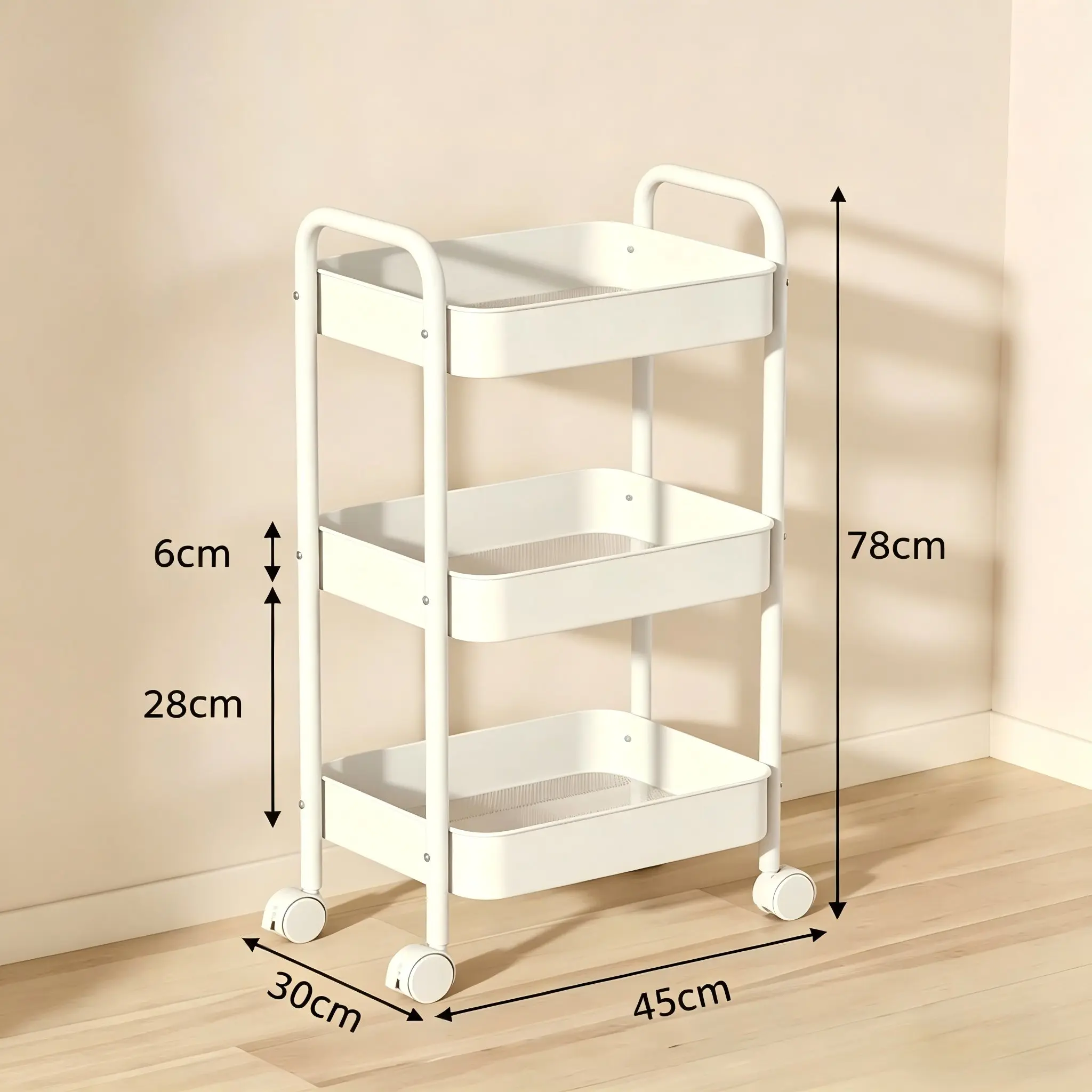 3-Tier 360-Rotational Carbon Steel Storage Cart with Lockable Casters, Easy Assembly, Space-Saving Home Organizer Rack, 45x30x78 cm, Mother's Day Gift (Pink/White)