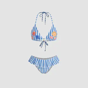 Cider Halter Neckline Stripe Shell Detail Ruffle Triangle Cheeky Bikini Set