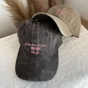 Embroidered Debi Tirar Mas Fotos Baseball cap, Vintage Palm Tree Beach Scene Washed Dad hat, Retro Spanish Quote Summer Low Profile cap.