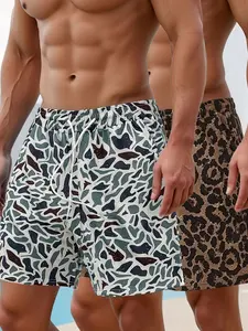 2-Pack Abstract Camo & Leopard Print Drawstring Swim Trunks | Summer Beach Casual Board Shorts Set