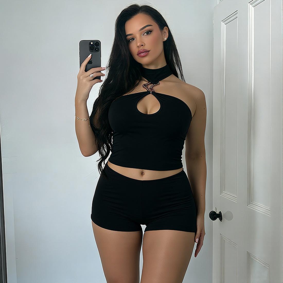 2026 Summer New Style Sexy Hollow Out Halter Neck Tank Top Slim Fit Shorts Two-Piece Women's Outfit in Milk Silk Fabric - Casual