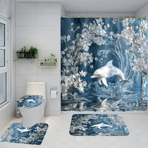 1/4 piece white dolphin design bathroom set, including soft floor mat, toilet seat cushion, shower curtain, creating elegant decoration, home decoration. The floor mat has good rebound, water absorption, anti slip, and is the first choice for gift giving