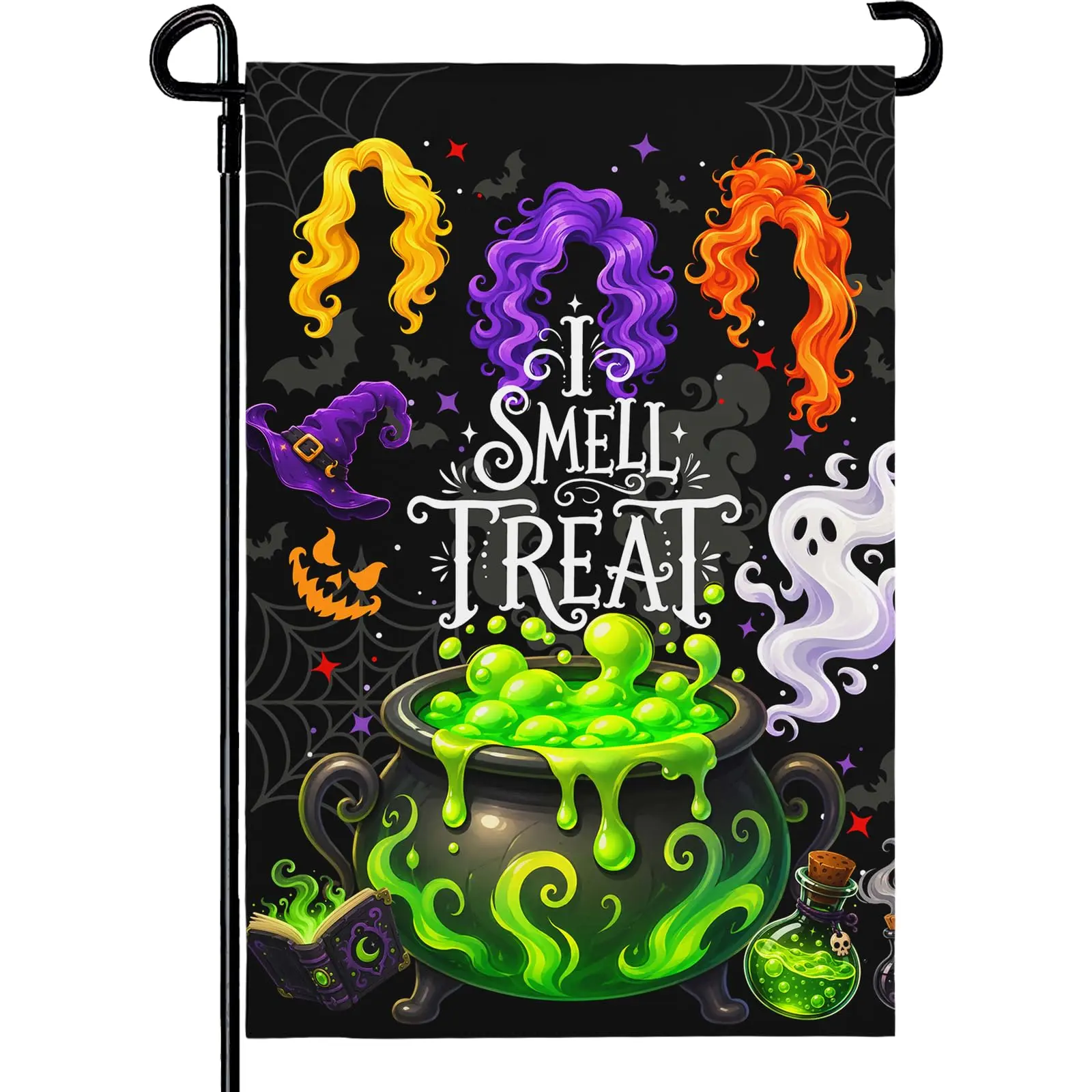 Halloween Garden Flag I Smell Treats Witch Cauldron Ghost Yard Flags Black Orange Purple Spooky Season Outdoor Decor Trick or Treat House Banner Porch Lawn Patio Farmhouse Welcome 12x18 Inch