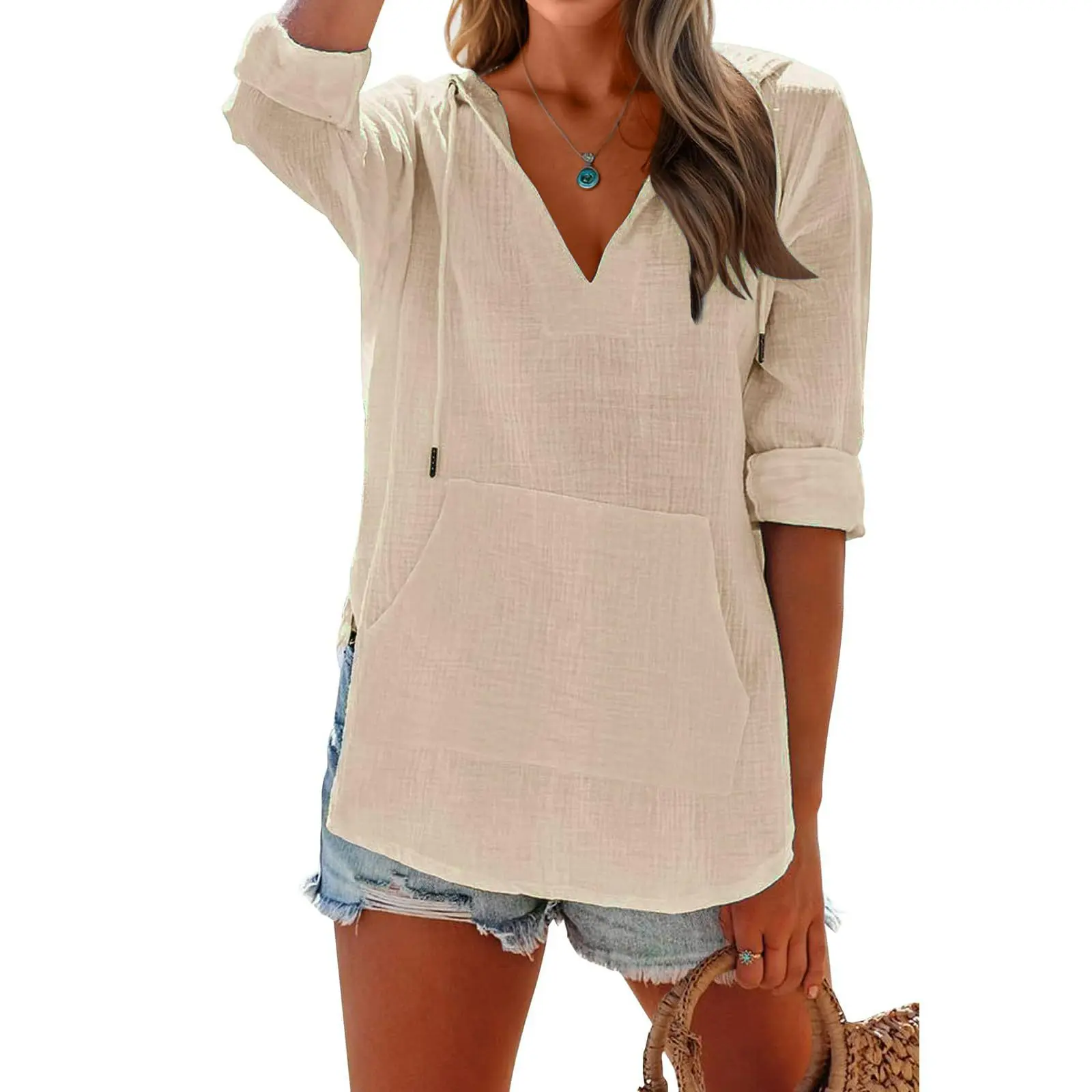 V-neck Hooded Shirt With Pockets Fashion Sports Long-sleeved Split Shirts Tops For Women Clothing