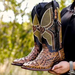 Honey Caiman Neck Leather Boots - Square Toe