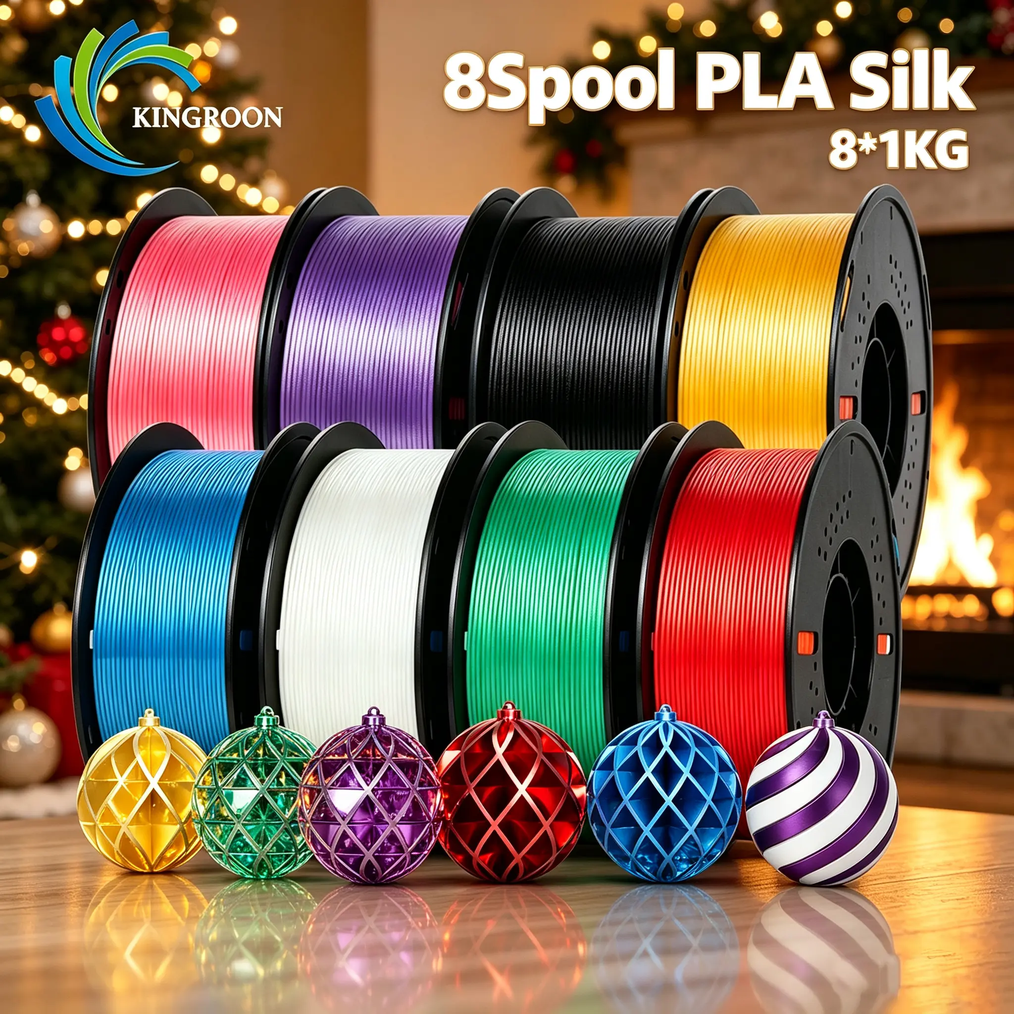 KINGROON 8-Spool PLA & Silk PLA Filament Bundle Set, 1.75mm ±0.02mm High Precision, Easy to Print, Tangle-Free for FDM Printers, Holiday-Themed 3D Printing Supplies for All Users, Silk Finish