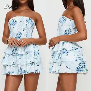 Women Frill Mini Dress White / Blue Petite Strapless Backless Floral LayeredFit Summer Vocation Dress
