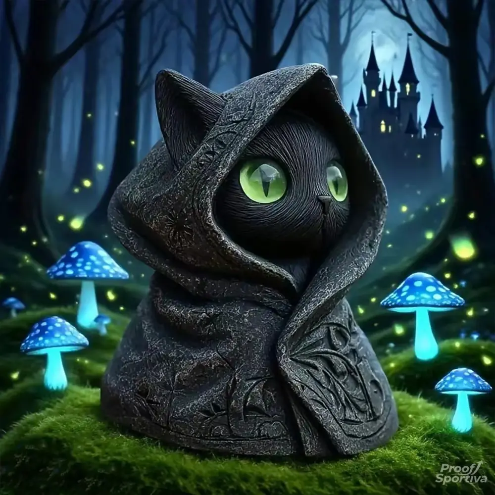 Gothic Black Cat Resin Statue, Detailed Hooded Cloak, Expressive Emerald Eyes Mini Figurine for Halloween Decor, Cat Lovers (Indoor Recreation Accessory)