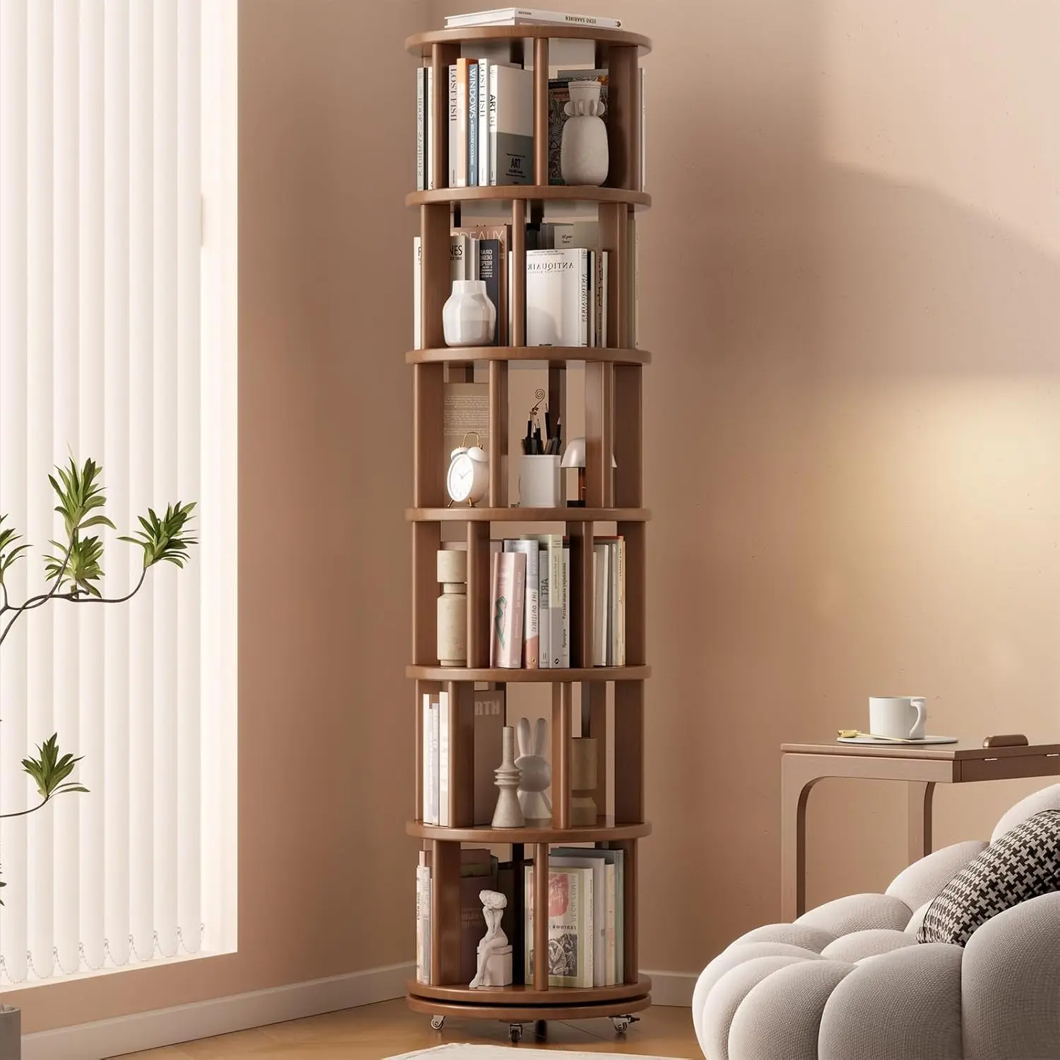 Solid Wood Rotating Bookshelf on Wheels, 6 Tier, Round Revolving Bookcase, 360 °   Spinning Book Shelf Tower for Kids, Narrow Rolling Bookshelves for Small Space, Corner, Bedroom, Office, Walnut