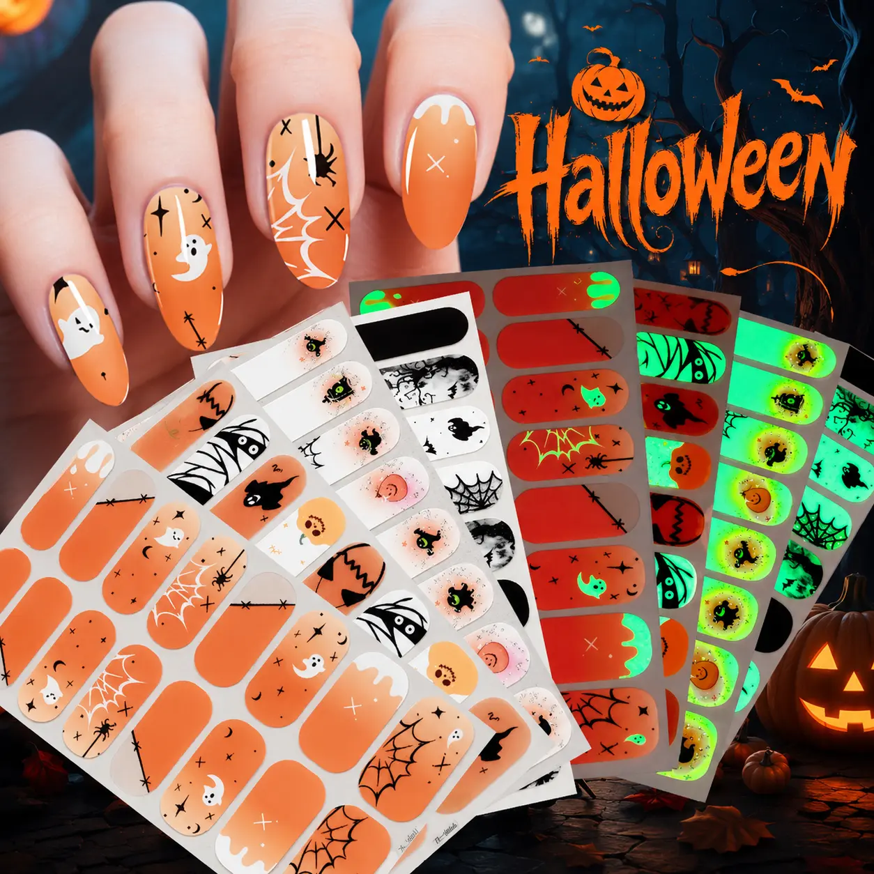 Halloween Nails Wrap Stickers Pumpkin Spider Web Nail Polish Wraps | Halloween Nail Wraps,5 Sheet Glow in The Dark,Reusable Nail Polish Wraps, for Women Girls Manicure Decoration