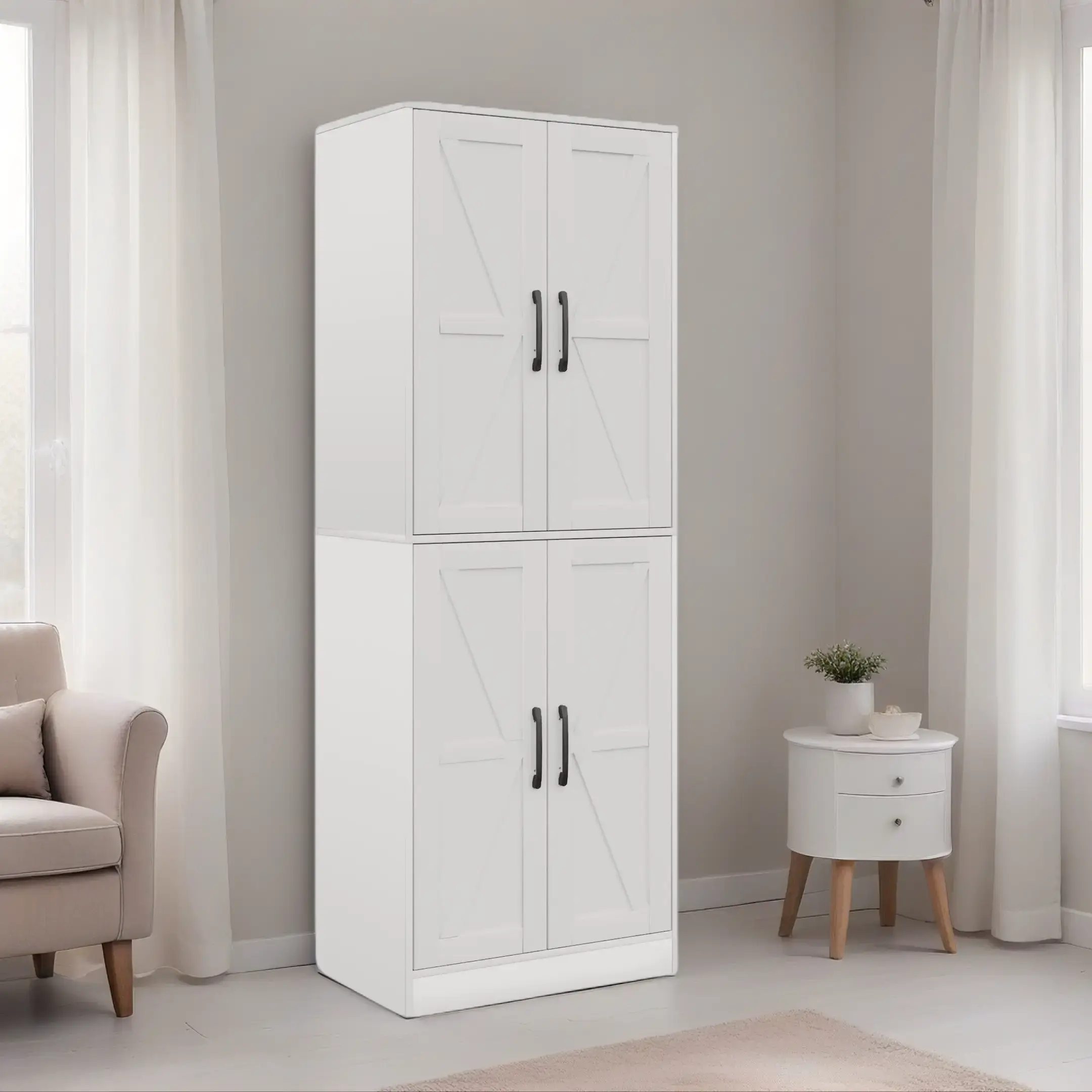 Sturdy Wood Modern Freestanding Kitchen Pantry Cabinet - White Food Storage Organiser with 2 Adjustable Shelves & Barn Doors, Indoor Cupboard for Dining Room, Living Room