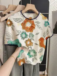 1 piece + French retro loose round neck short-sleeve with contrast piping, beige women's multi-color contrast floral print spring-summer knitted top, summer casual, Womenswear