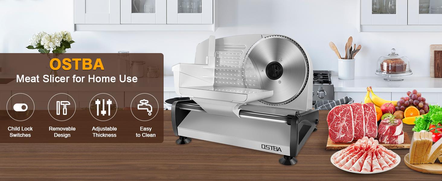 OSTBA Adjustable Electric Meat Slicer, 0-15mm Thickness, 7.5'' Removable Blade, Child Safety Lock, Easy to Clean, 200W with 2 Blades/ 150W / 200W